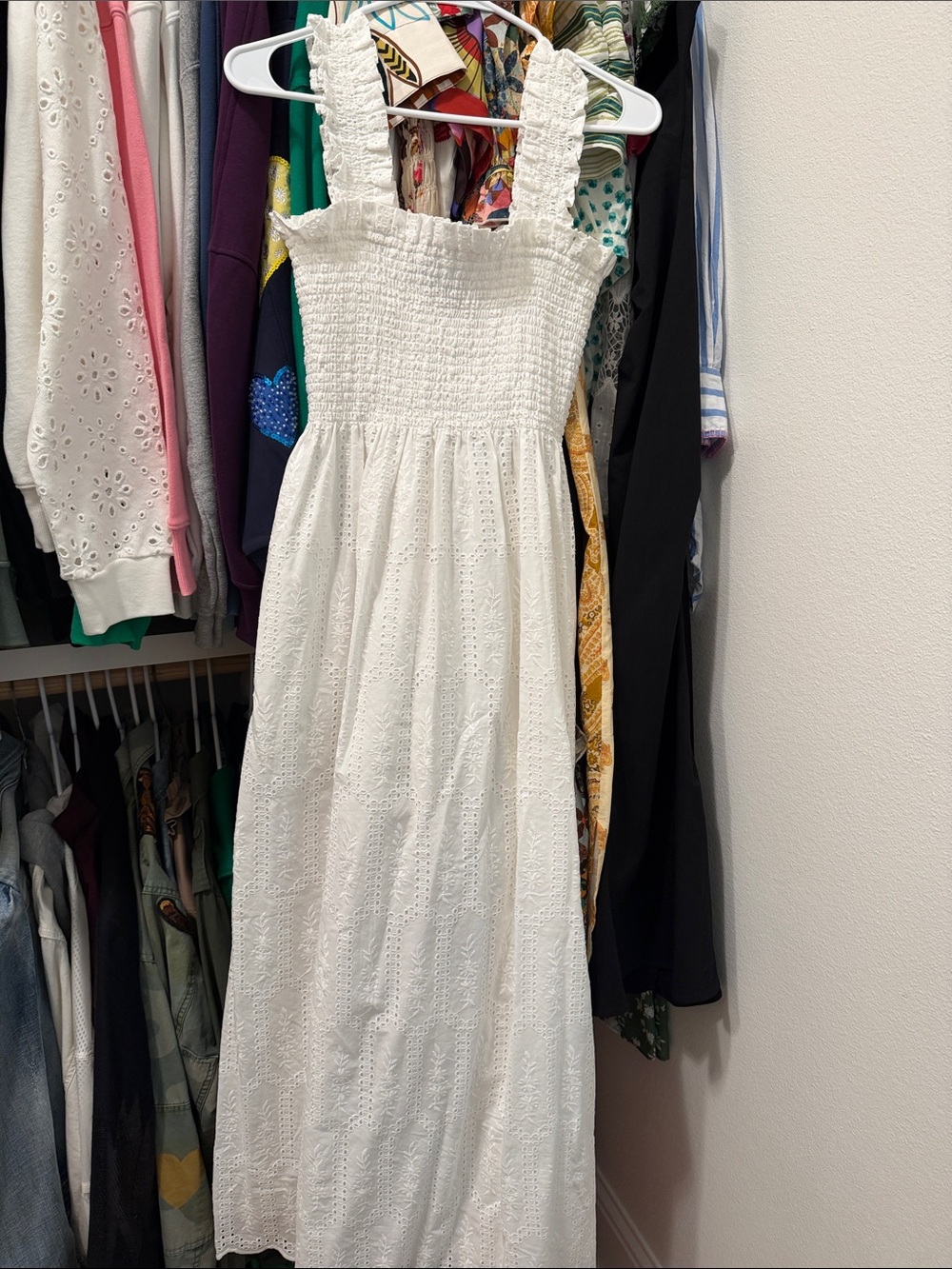 Hill House White Smocked Eyelet Maxi Dress - Dress Small Extra Long